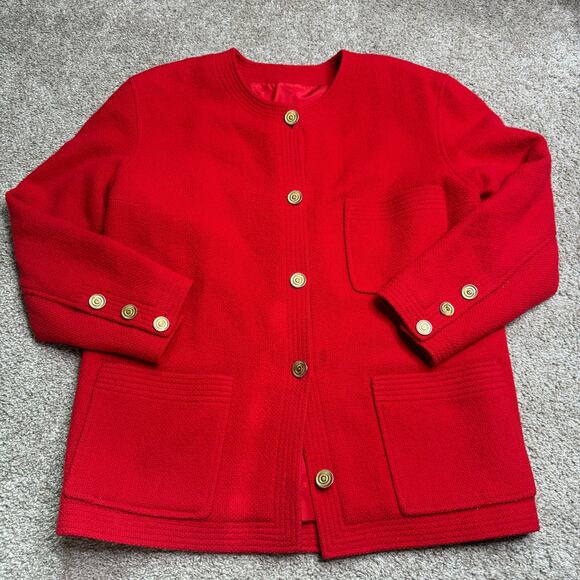 Vintage Chanel Red Tweed 3 Pocket Gold Button Blazer Jacket Size 8-10 - Picture 1 of 11